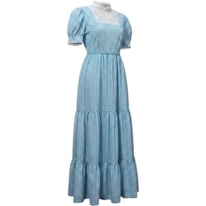Vintage Handmade Blue Gingham Tiered Maxi Dress Lace Trim Cottagecore S
